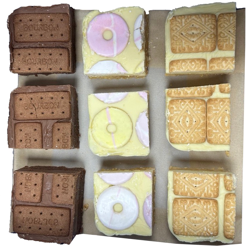 Nine squares in three kinds: chocolate fudge with bourbon biscuits, pale squares with pink and white ring sweets, and custard cream biscuits on white chocolate.